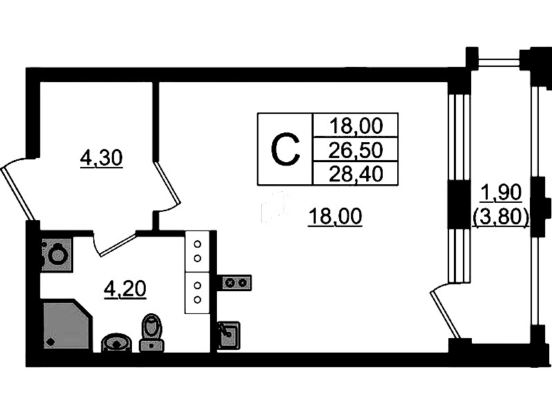 Квартира студия 28.4 м², 7/13 эт., ЖК «Тайм Сквер»